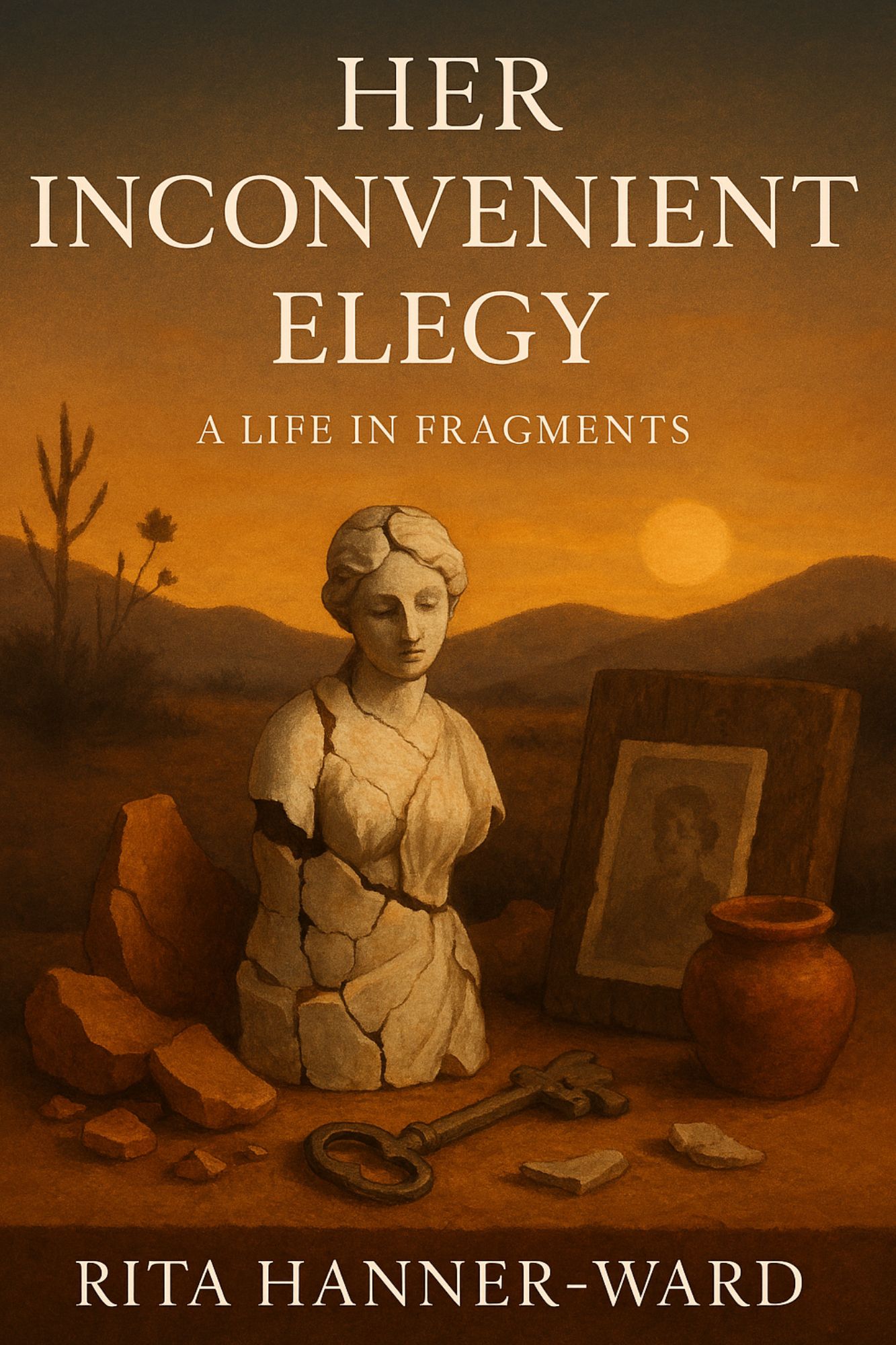 Broken statue of women and key and picture in red outdoor setting book cover