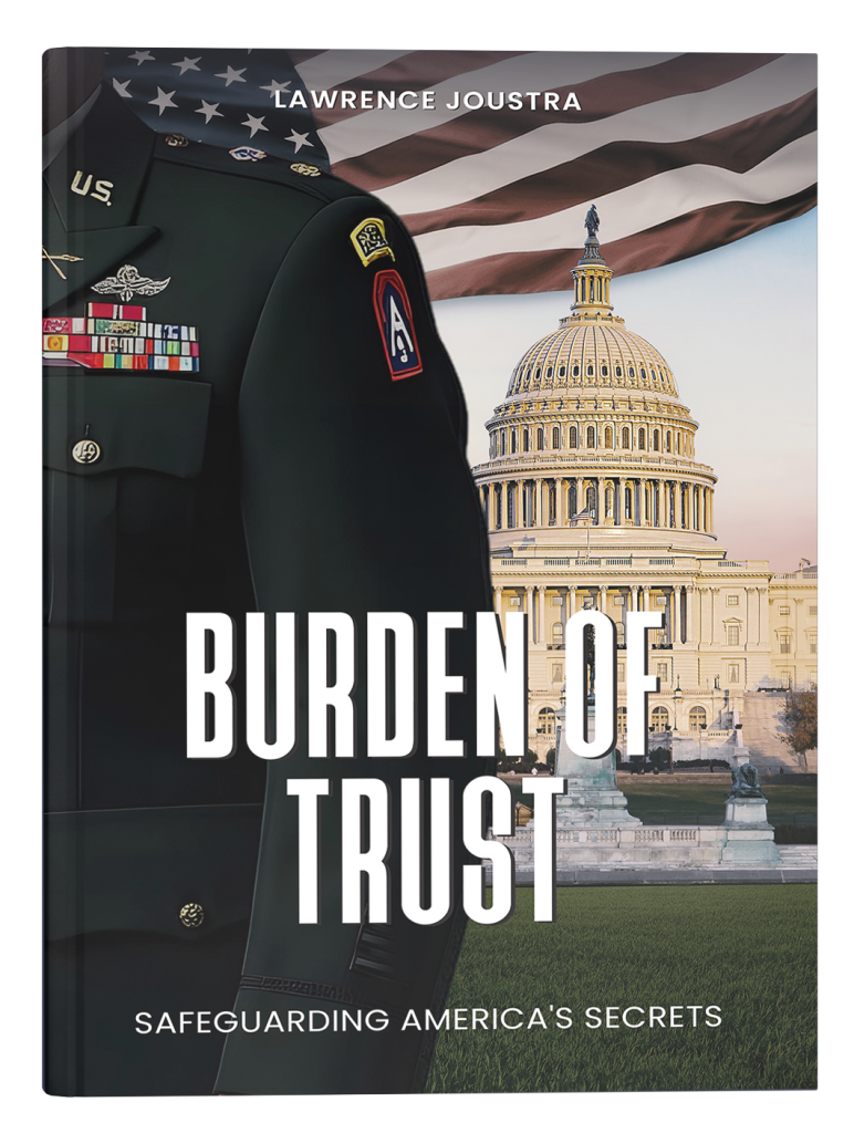 Book cover side of military uniform in from of capital building