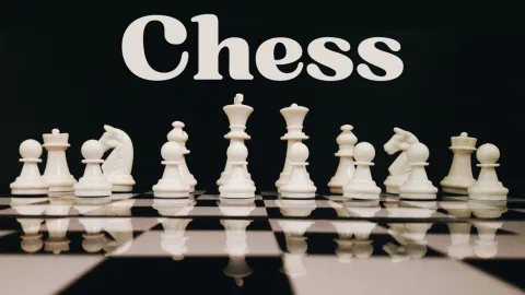 White Chess Pieces on a Chess Board with text Chess