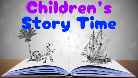 Open book with pirate and boat on it and text Children's story time