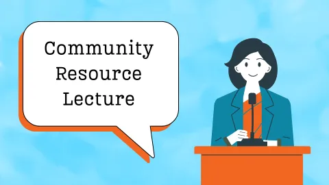 Words Community Resource Lecture with woman standing at podium