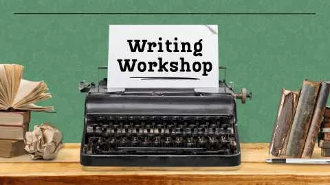 Writing workshop text on a typewriter with books and paper on the side