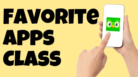 Words Favorite App Class on yellow background with a phone being held in a hand pointed to