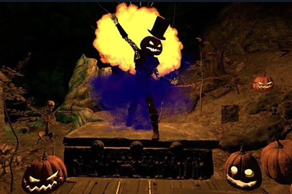 VR image of jack-o-lanterns and fire