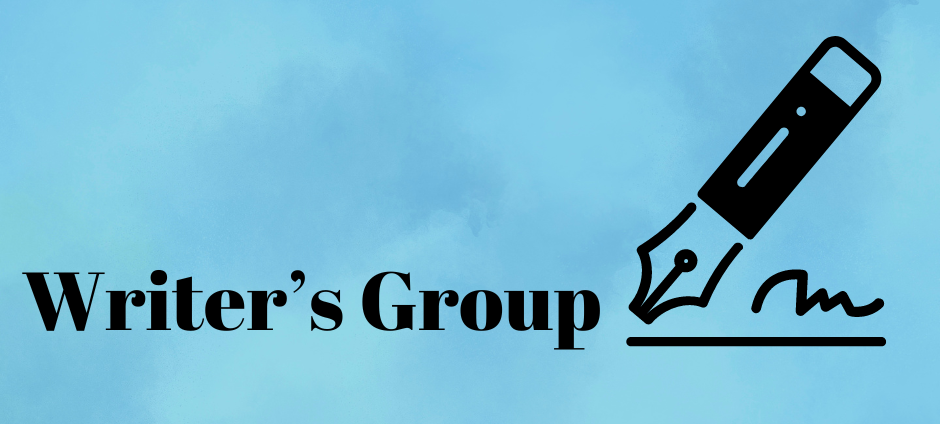 Writers group text with pen on blue background