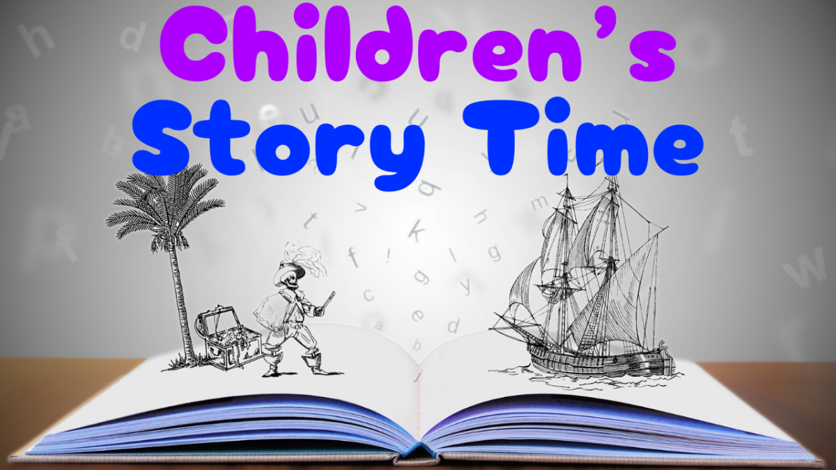 Open book with pirate and boat on it and text Children's story time